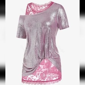 METALLIC TEE & SHEER LACE TANK TOP SET